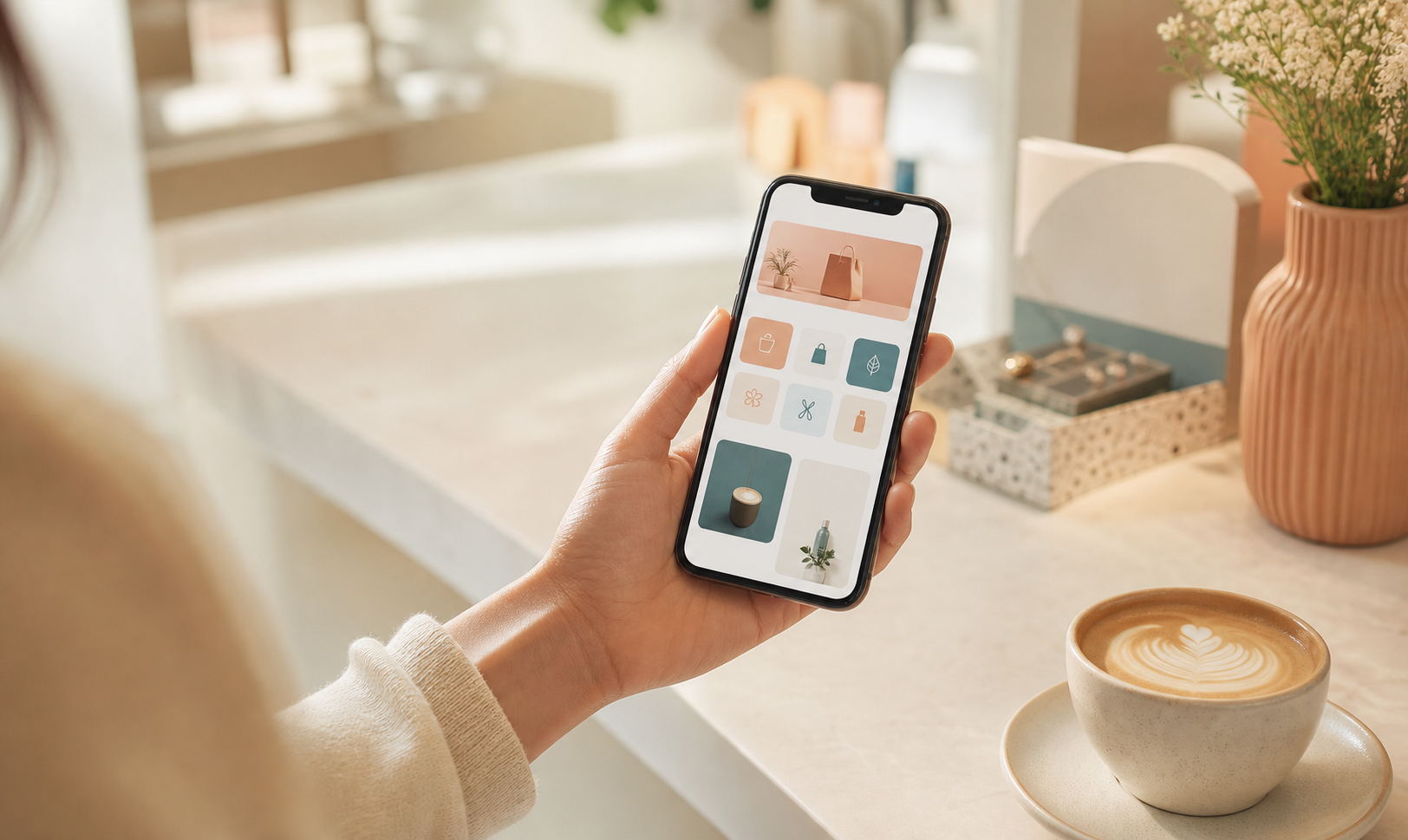 Customer browsing premium business app tiles on a phone